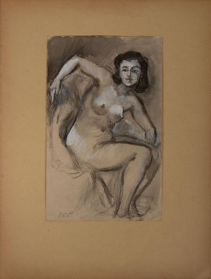 dessin représentant une femme nue assise sur une chaise, les jambes croisées