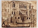 drawing of a gondola with a gondola in front of a building