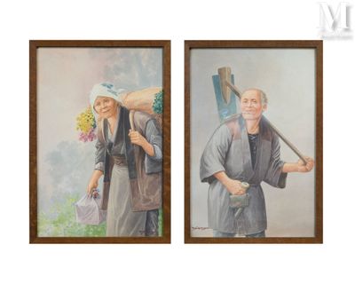 deux tableaux représentant un homme et une femme avec un sac de fleurs