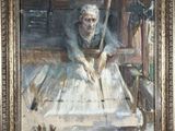 une peinture à l'huile représentant un homme assis à une table dans un atelier