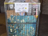 a metal cart with a blue container on top of it