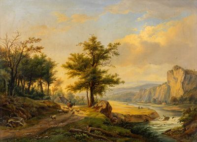 une image représentant un tableau représentant un paysage de montagne avec une rivière