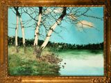 an oil painting of a lake and trees with a blue sky in the background