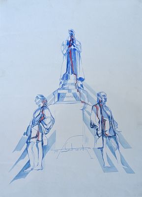 tableau représentant un groupe de personnes debout au sommet d'une statue