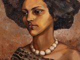 une peinture à l'huile représentant une femme vêtue d'une robe à imprimé léopard et d'un collier de perles