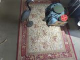 two birds that are standing on a rug in a room