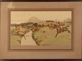 tableau représentant un groupe d'hommes à cheval et des chiens dans un champ