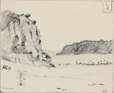dessin représentant un paysage avec une montagne au loin et une personne à cheval au premier plan