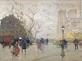 a painting of people walking down the street in the rain