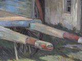 a painting of an old wooden wagon in the grass