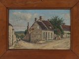 an oil painting of a street scene with a house and trees