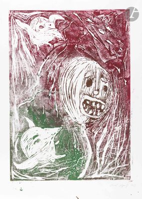 une image représentant un dessin en rouge et vert d'une femme et d'un chat