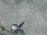 a painting of a bird sitting on a flower in a vase