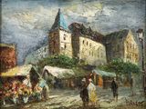 tableau représentant une scène de rue avec des passants et un bâtiment en arrière-plan