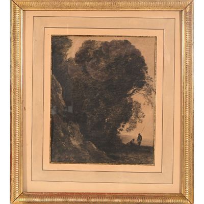 une image représentant un tableau où figurent un homme et un chien dans un paysage