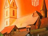 an image of a painting of a church with a clock tower