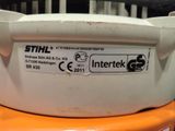 a close up of a forklift with a label on it