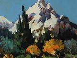 une peinture représentant une montagne avec des arbres et des buissons au premier plan