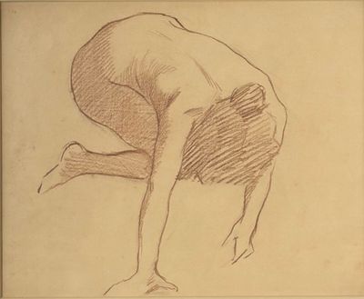 drawing of a nude woman bending down on her knees