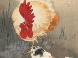a painting of a rooster and two chickens in a field