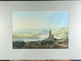painting of a view of a village with a church and a river