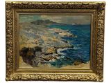 une peinture à l'huile représentant une côte rocheuse avec une falaise en arrière-plan