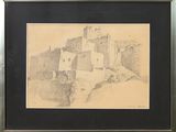 dessin d'un château dans un cadre noir sur fond blanc
