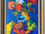 an oil painting of a vase of flowers on a blue table