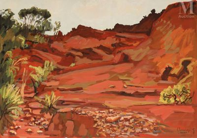 une peinture à l'huile représentant un paysage désertique avec des arbres au premier plan
