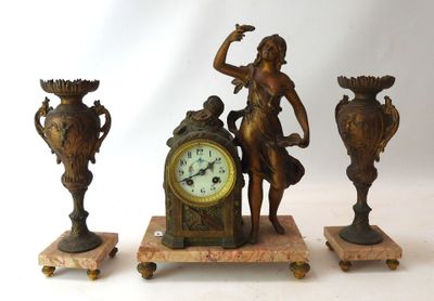 three statues of a woman with a clock and vases