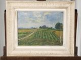 une peinture à l'huile représentant une ferme avec une grange au loin