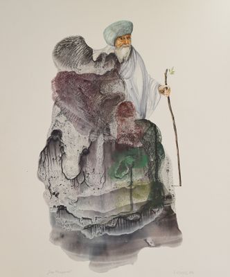tableau représentant un homme coiffé d'un turban blanc, assis sur un rocher et tenant un bâton