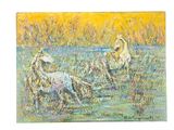 a painting of a couple of swans in the water