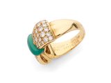 a gold ring with a green stone and diamonds