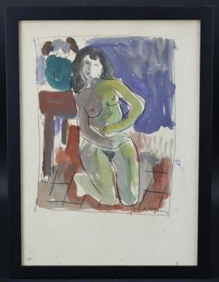 tableau représentant une femme assise sur une chaise, avec un vase en arrière-plan