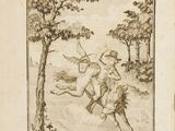 an old book with a drawing of a man riding a horse