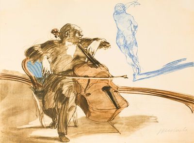 dessin représentant un homme jouant du violoncelle, assis sur une chaise, tandis qu'un oiseau passe en volant