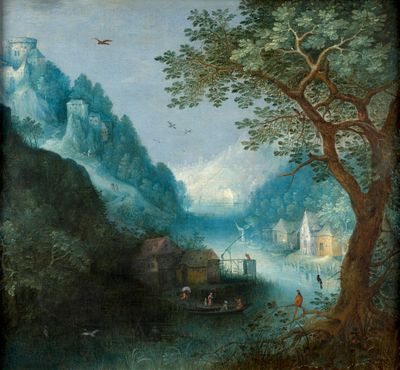 an image of a painting of a river scene with a village in the distance