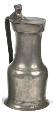 an old silver pitcher with a handle on a white background