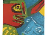 an abstract painting of a person with a face and a hat