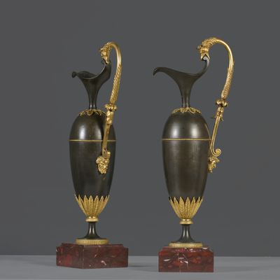 pair of bronze and marble vases with handles and handles