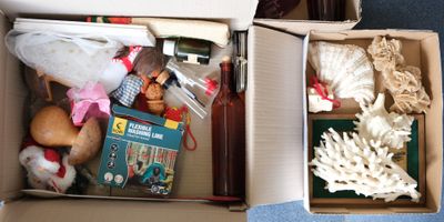 two boxes filled with toys and books on the floor