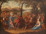 tableau représentant un groupe de personnes dans un environnement boisé, avec un château en arrière-plan
