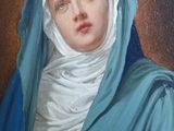 an oil painting of a woman wearing a blue shawl and a white head scarf