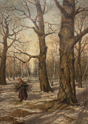 une peinture à l'huile représentant une femme marchant dans une forêt enneigée