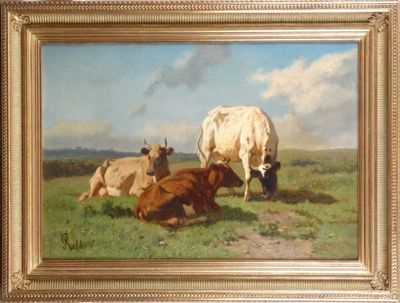 un tableau représentant des vaches dans un champ, avec le ciel en arrière-plan
