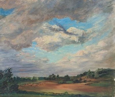 une peinture à l'huile représentant un champ, avec le ciel et des nuages en arrière-plan