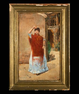 une peinture à l'huile représentant une femme vêtue d'un châle rouge et d'une robe bleue