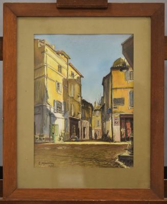 peinture à l'huile d'une scène de rue avec des bâtiments en arrière-plan