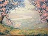 painting of two trees in a field with a sky in the background
